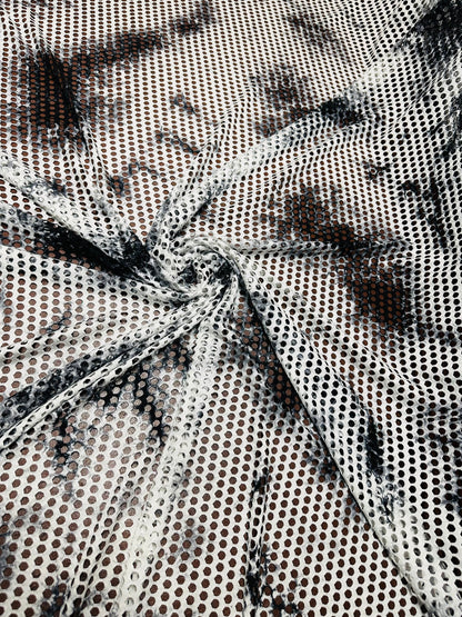 New Tye Dye fishnet white/black  nylon spandex 4-way stretch 58/60” Sold by the YD.