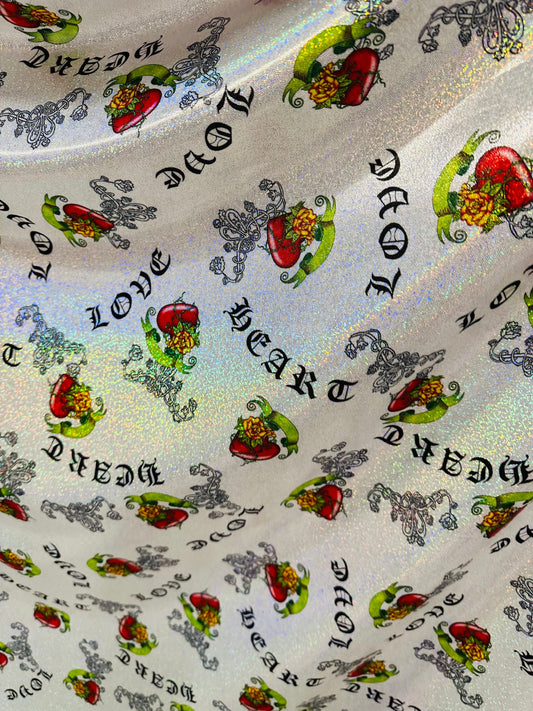 Luxury Love Heart design print on hologram metallic nylon spandex with foggy foil 4-way stretch 58/60”
