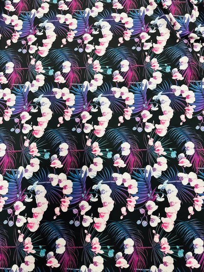 New tropical floral design print on best quality of nylon spandex 4-way stretch 58/60” Sold by the YD.