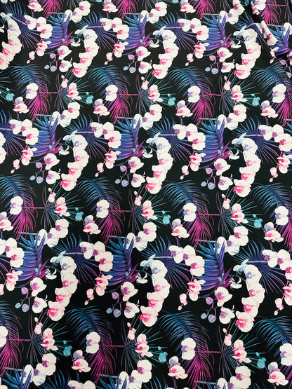 New tropical floral design print on best quality of nylon spandex 4-way stretch 58/60” Sold by the YD.