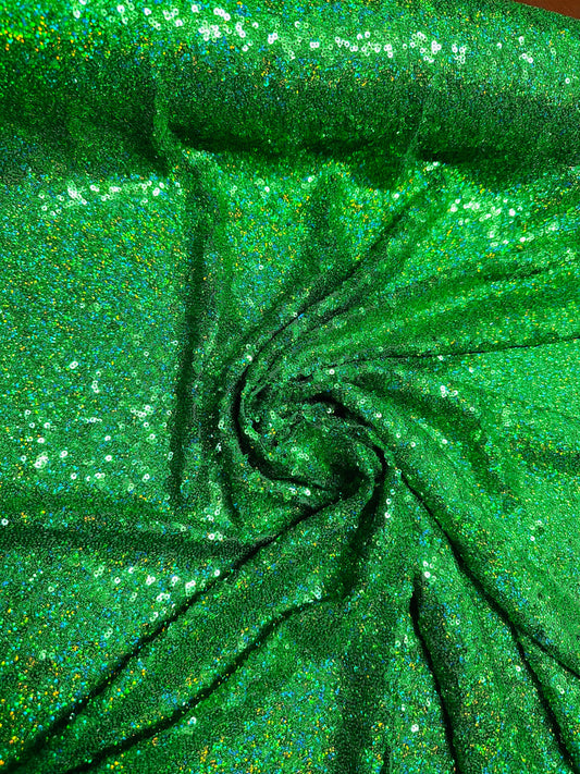 Luxury 3D hologram sequins Emerald green embroidered on power mesh 4-way stretch 54/55” Sold by the YD.
