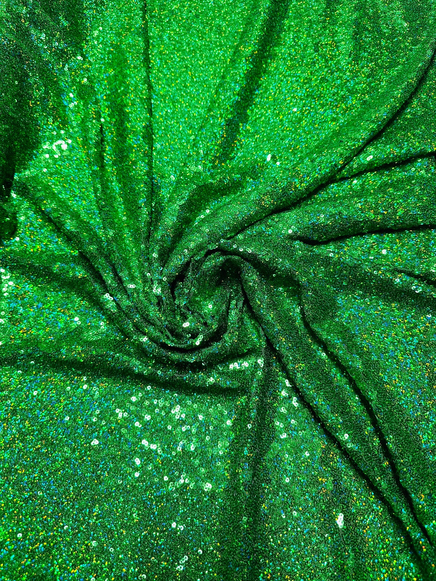 Luxury 3D hologram sequins Emerald green embroidered on power mesh 4-way stretch 54/55” Sold by the YD.