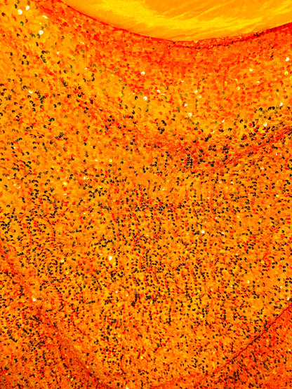 Luxury Iridescent sequins neon orange embroidered on stretch velvet 4-way stretch 58/60” Sold by the YD.