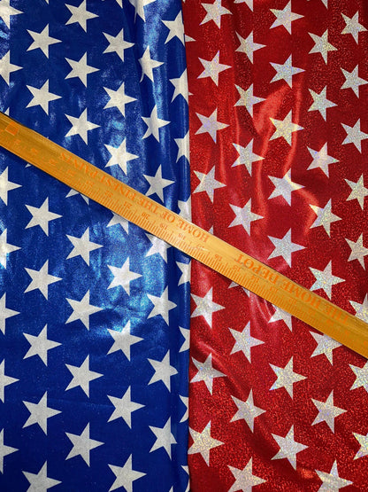 Stars freedom design print on hologram nylon spandex 4-way stretch 58/60” Sold by the YD. High quality fabrics by AlexLAFabrics