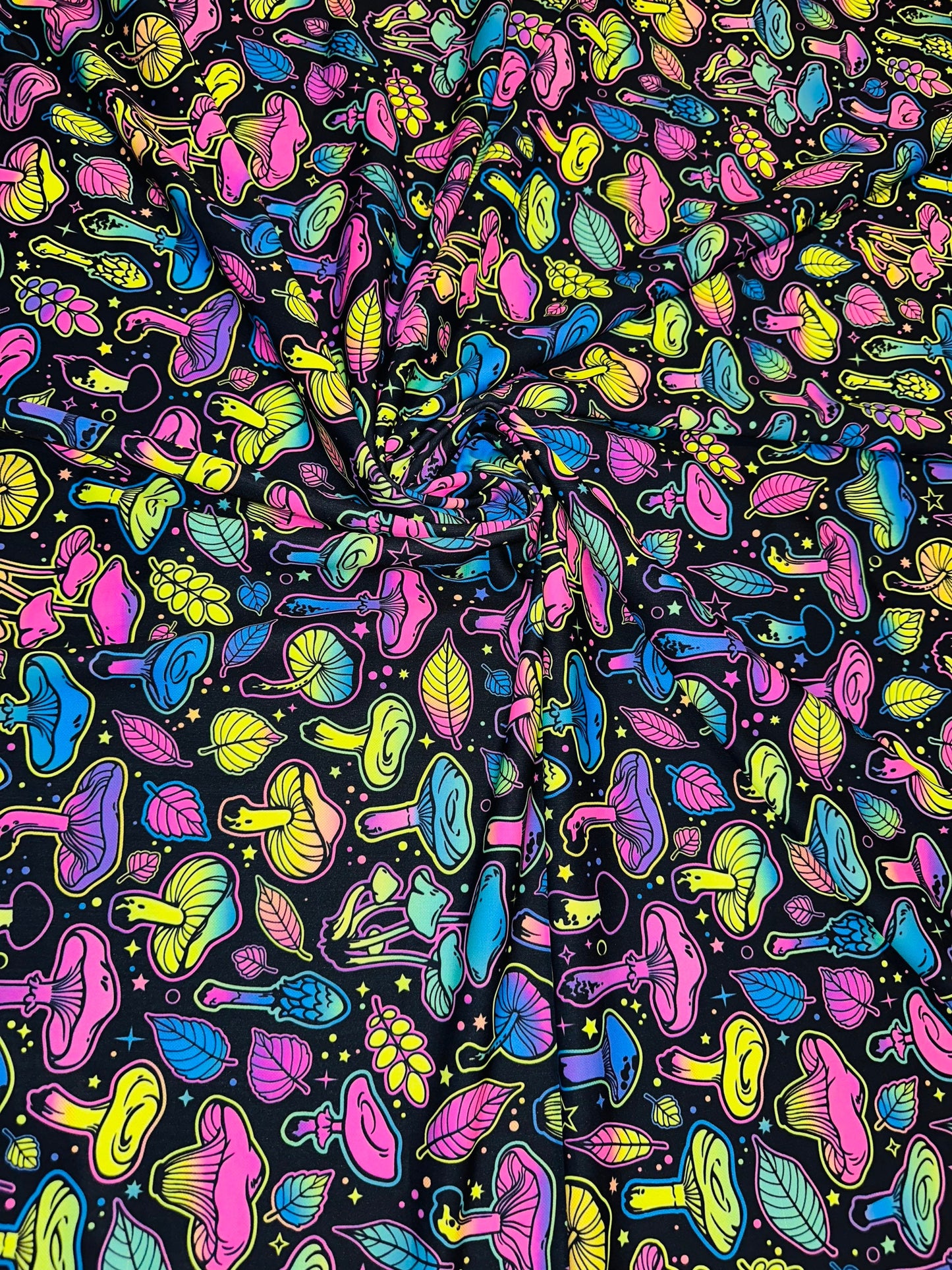 Vivid Mushrooms Luxury Digital design UV glow Neon Rainbow colors it glows under black light print on best quality of nylon spandex 4-way