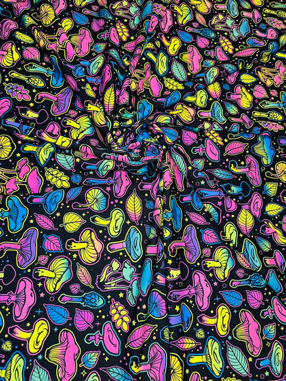 Vivid Mushrooms Luxury Digital design UV glow Neon Rainbow colors it glows under black light print on best quality of nylon spandex 4-way
