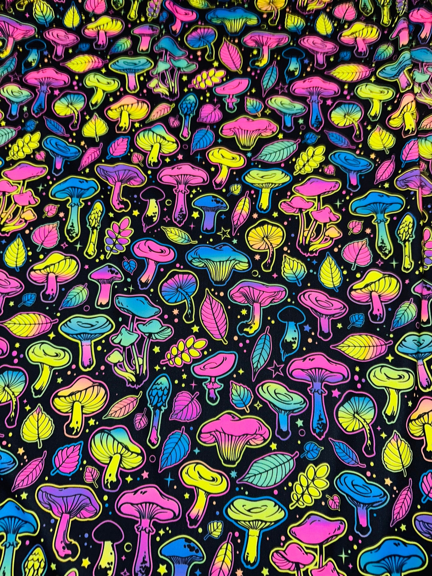 Vivid Mushrooms Luxury Digital design UV glow Neon Rainbow colors it glows under black light print on best quality of nylon spandex 4-way