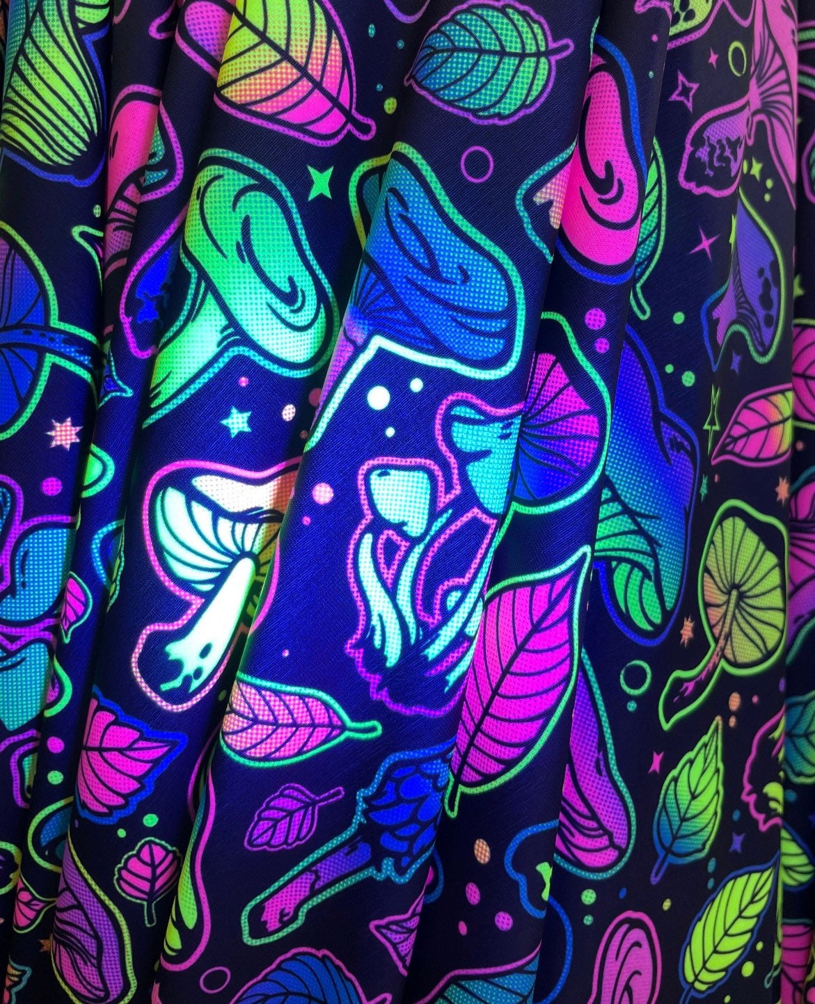Vivid Mushrooms Luxury Digital design UV glow Neon Rainbow colors it glows under black light print on best quality of nylon spandex 4-way