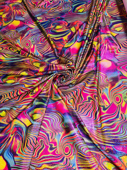 Metallic hologram swirl abstract design print on best quality of nylon spandex 4-way stretch 58/60” Sold by the YD.