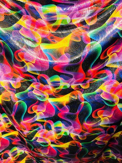 Luxury modern abstract design metallic nylon spandex with hologram foil best quality spandex 4-way stretch 58/60” Sold by the YD.