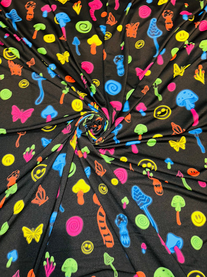 New Mushrooms and happy face design print on great quality of poly spandex 4-way stretch 58/60” Sold by the YD.