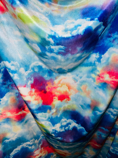 New Celestial clouds design print on great quality of stretch velvet4-way Stretch 58/60” Sold by the YD. Ships worldwide from Los Angeles CA