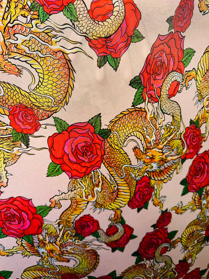 New Exotic Dragon design with red Roses print on power mesh 4-way stretch 58/60” Sold by the YD. Ships Worldwide from Los Angeles