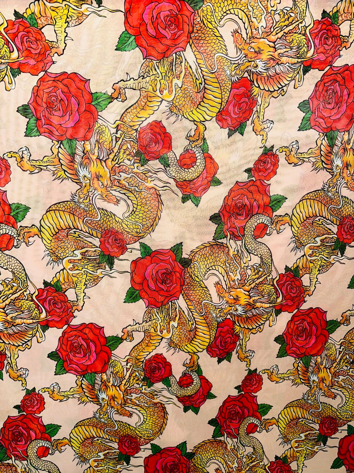 New Exotic Dragon design with red Roses print on power mesh 4-way stretch 58/60” Sold by the YD. Ships Worldwide from Los Angeles