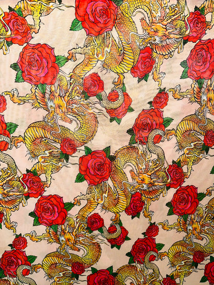 New Exotic Dragon design with red Roses print on power mesh 4-way stretch 58/60” Sold by the YD. Ships Worldwide from Los Angeles