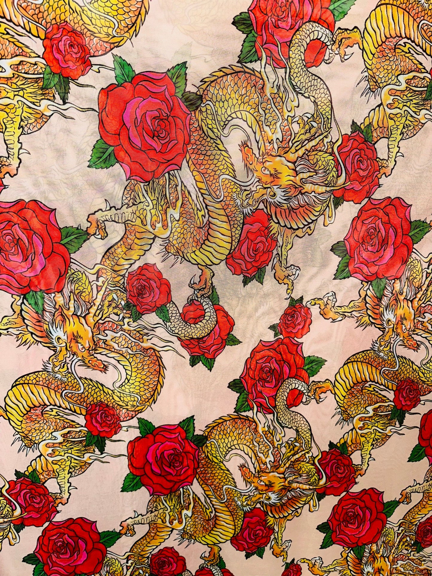 New Exotic Dragon design with red Roses print on power mesh 4-way stretch 58/60” Sold by the YD. Ships Worldwide from Los Angeles