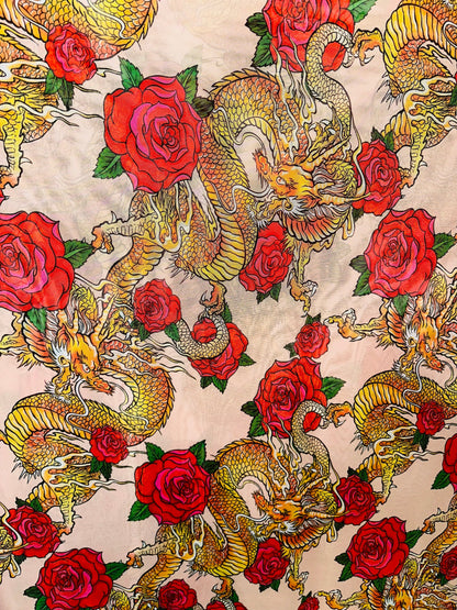 New Exotic Dragon design with red Roses print on power mesh 4-way stretch 58/60” Sold by the YD. Ships Worldwide from Los Angeles