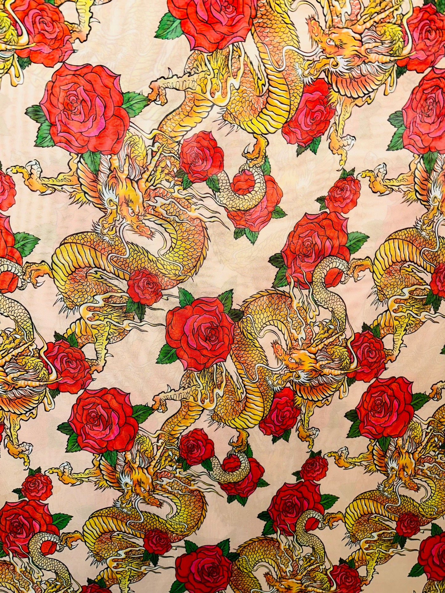 New Exotic Dragon design with red Roses print on power mesh 4-way stretch 58/60” Sold by the YD. Ships Worldwide from Los Angeles