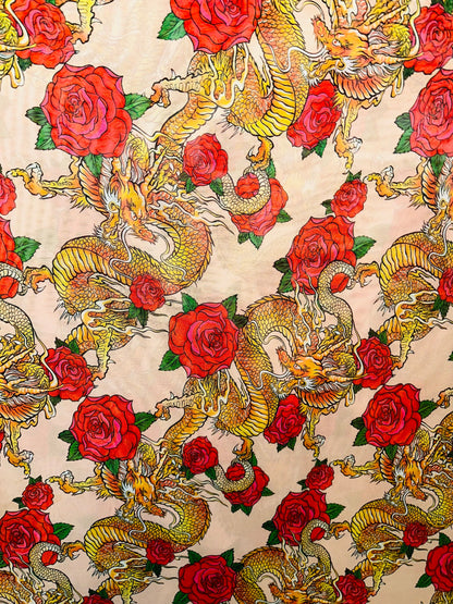 New Exotic Dragon design with red Roses print on power mesh 4-way stretch 58/60” Sold by the YD. Ships Worldwide from Los Angeles
