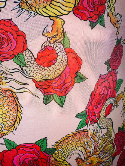 New Exotic Dragon design with red Roses print on power mesh 4-way stretch 58/60” Sold by the YD. Ships Worldwide from Los Angeles