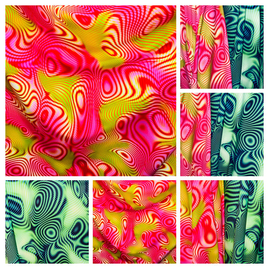 New psychedelic abstract design Nylon spandex fabric 4way Stretch. Fabric sold by the yard 58/60” ships worldwide from Los Angeles CA
