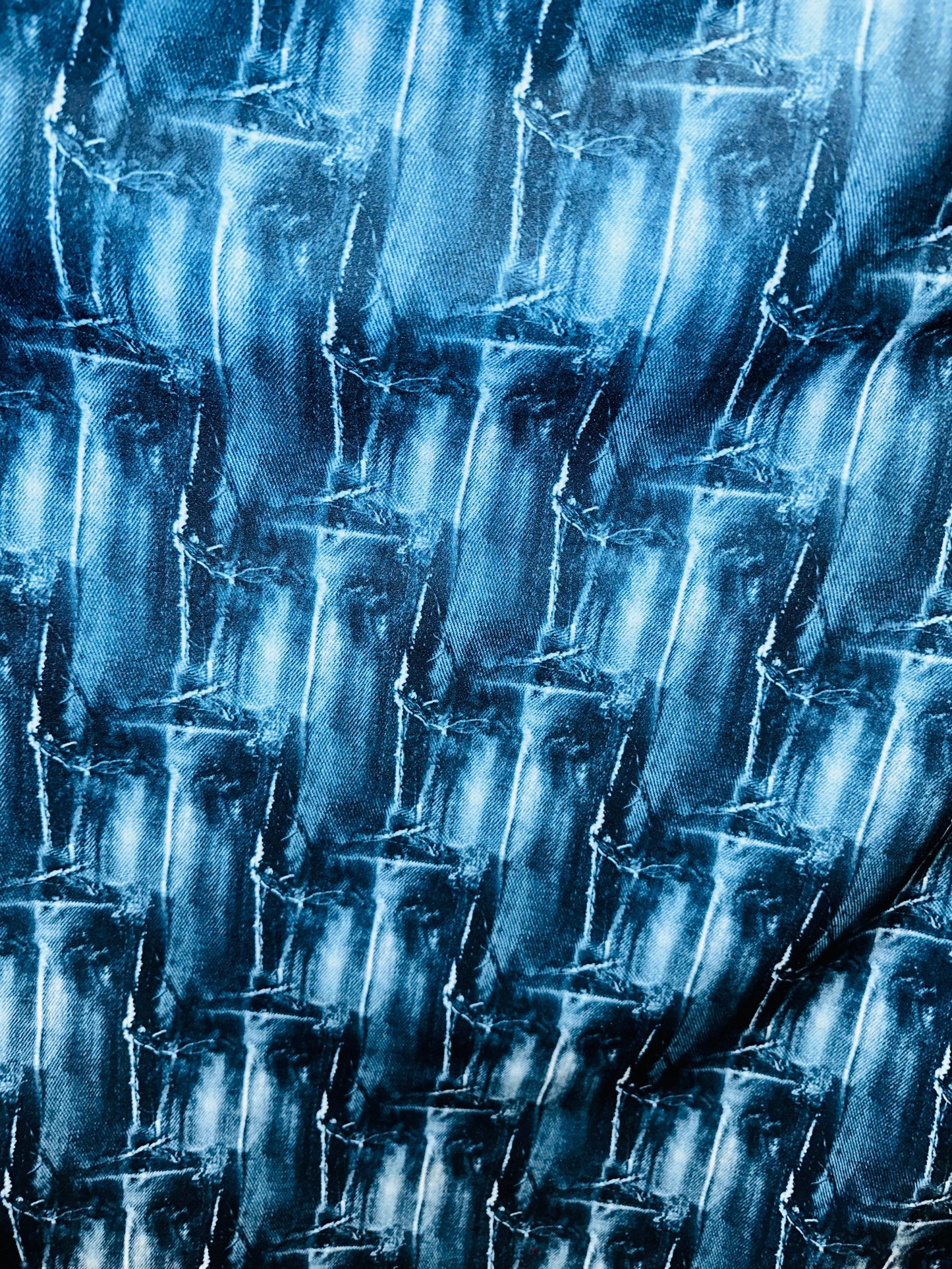 Deluxe Jeans Patch design print on nylon jumbo spandex 4-way stretch 58/60” Sold by the YD.