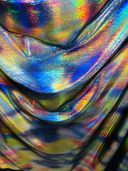 Chameleon Exotic design rainbow iridescent metallic stretch velvet 4-way stretch 58/60” Sold by the YD.