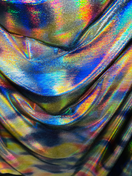 Chameleon Exotic design rainbow iridescent metallic stretch velvet 4-way stretch 58/60” Sold by the YD.