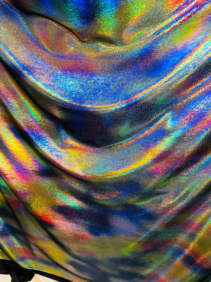 Chameleon Exotic design rainbow iridescent metallic stretch velvet 4-way stretch 58/60” Sold by the YD.