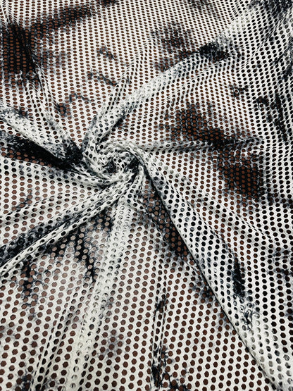 New Tye Dye fishnet white/black  nylon spandex 4-way stretch 58/60” Sold by the YD.