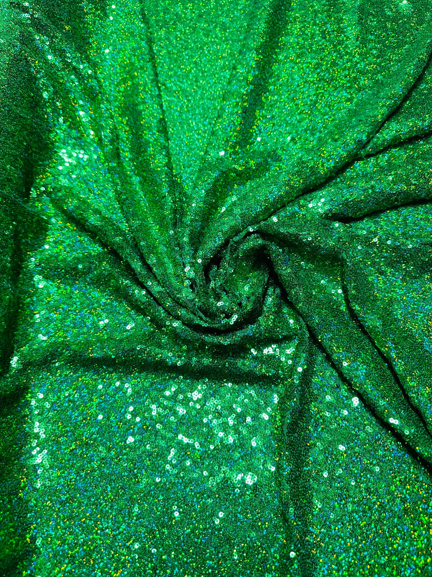 Luxury 3D hologram sequins Emerald green embroidered on power mesh 4-way stretch 54/55” Sold by the YD.