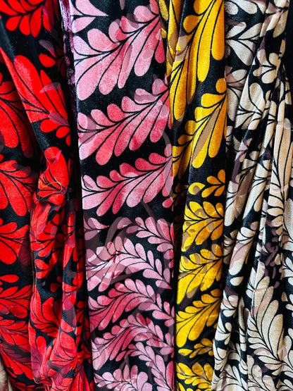 New Luxury Italian Burnout stretch velvet leaves abstract design silky high quality 4-way stretch 54/55” Sold by the YD. Ships worldwide