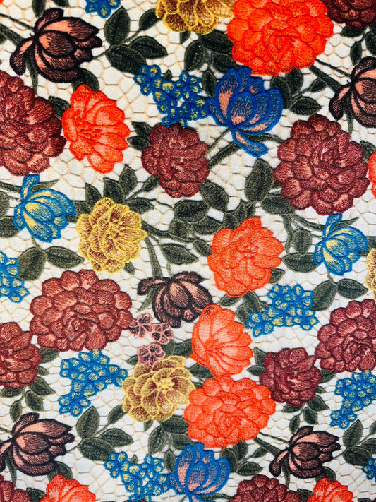 New Romantic embroidered flowers design print on great quality of stretch velvet 4-way stretch 58/60” Sold by the YD. Ships worldwide