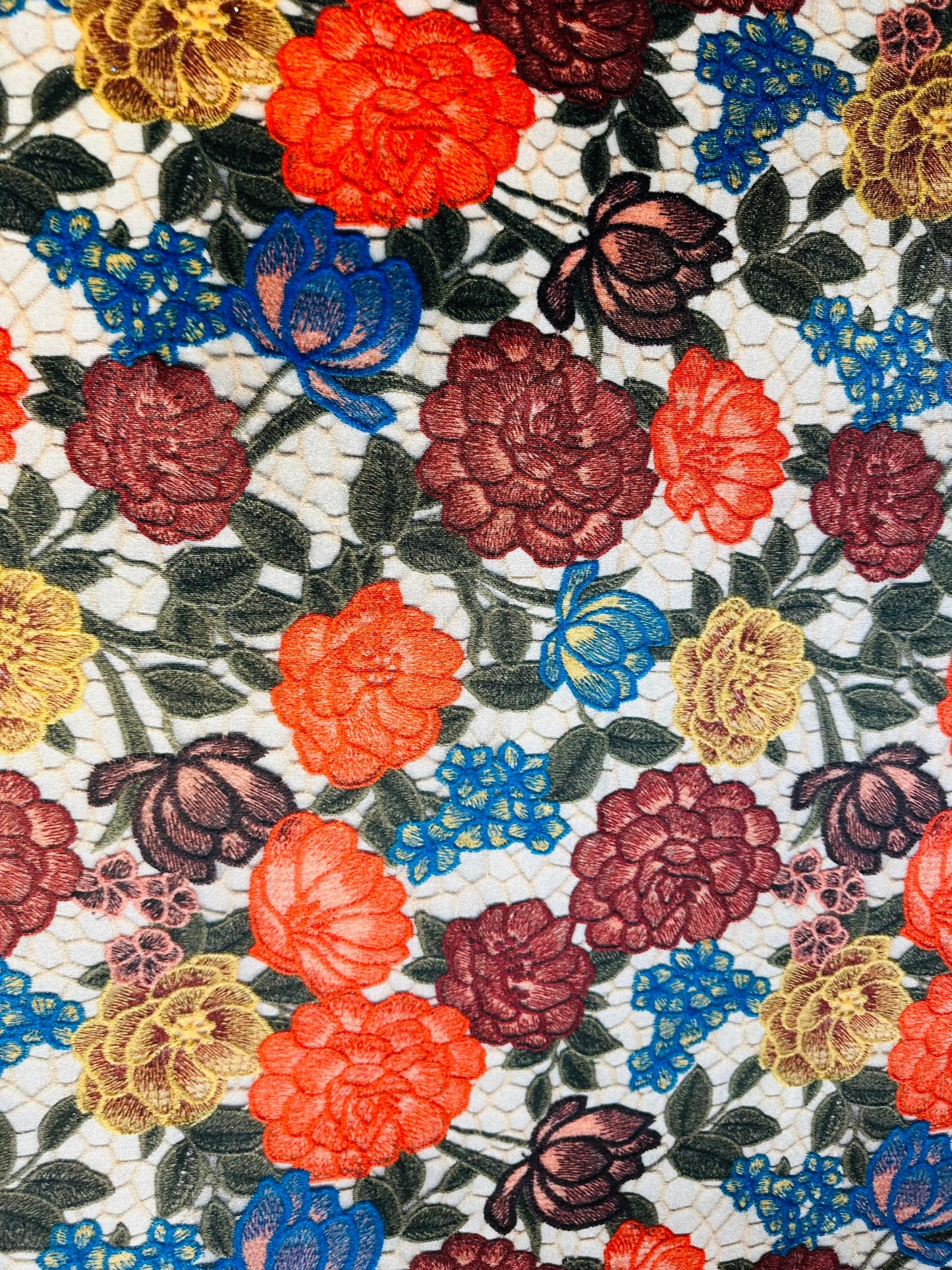 New Romantic embroidered flowers design print on great quality of stretch velvet 4-way stretch 58/60” Sold by the YD. Ships worldwide