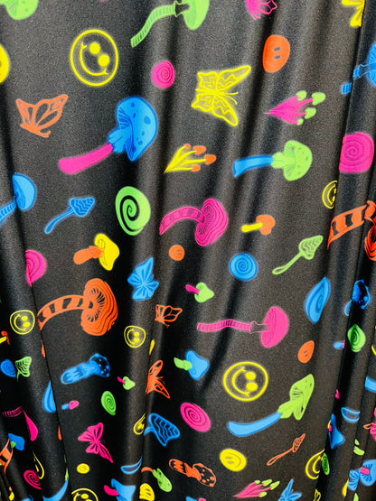 New Mushrooms and happy face design print on great quality of poly spandex 4-way stretch 58/60” Sold by the YD.