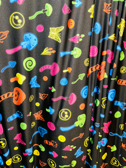 New Mushrooms and happy face design print on great quality of poly spandex 4-way stretch 58/60” Sold by the YD.