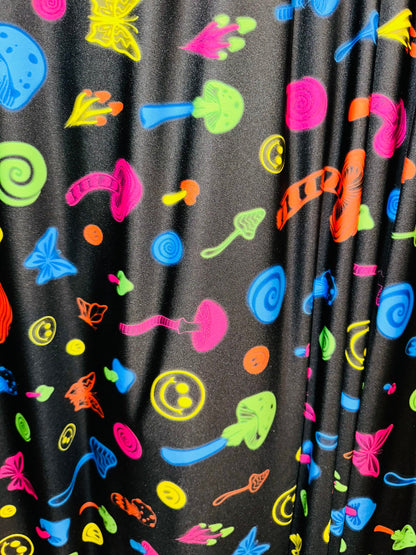 New Mushrooms and happy face design print on great quality of poly spandex 4-way stretch 58/60” Sold by the YD.