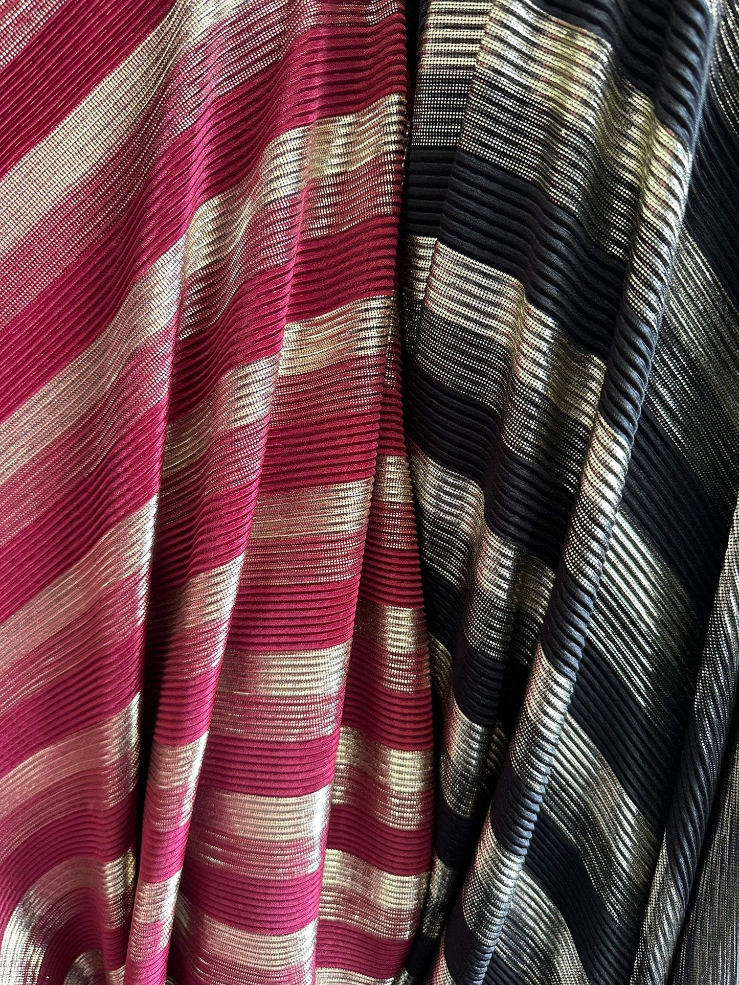 New Pleated metallic poly spandex 2-way stretch 58/60” Sold by the YD. Ships worldwide from Los Angeles California USA