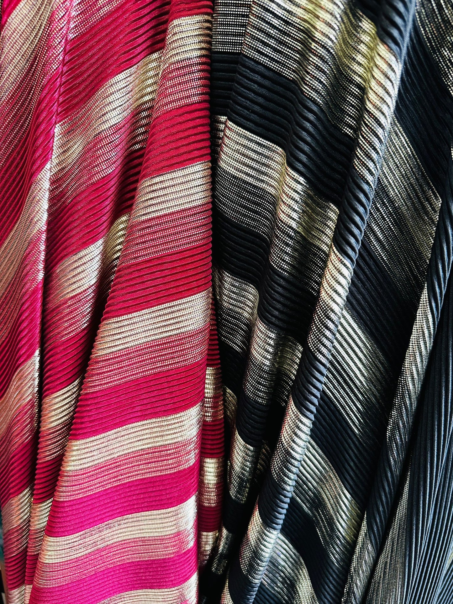 New Pleated metallic poly spandex 2-way stretch 58/60” Sold by the YD. Ships worldwide from Los Angeles California USA