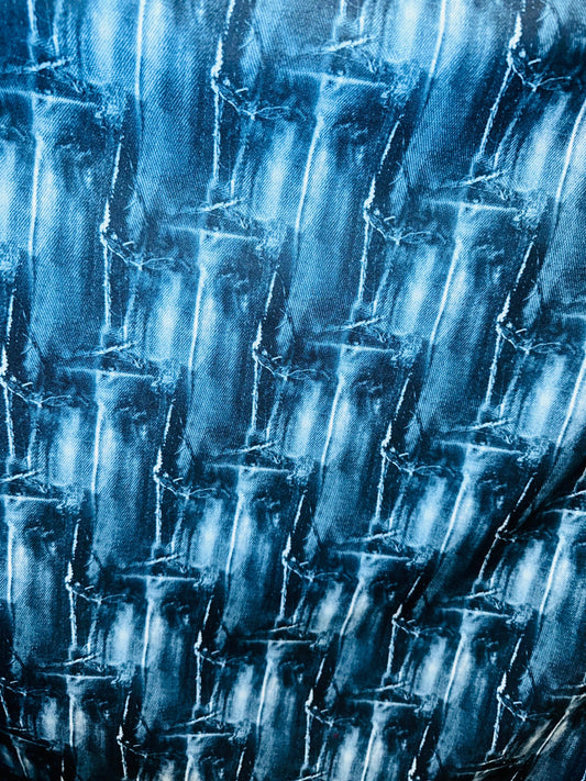 Deluxe Jeans Patch design print on nylon jumbo spandex 4-way stretch 58/60” Sold by the YD.