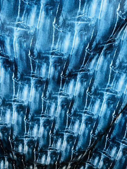 Deluxe Jeans Patch design print on nylon jumbo spandex 4-way stretch 58/60” Sold by the YD.
