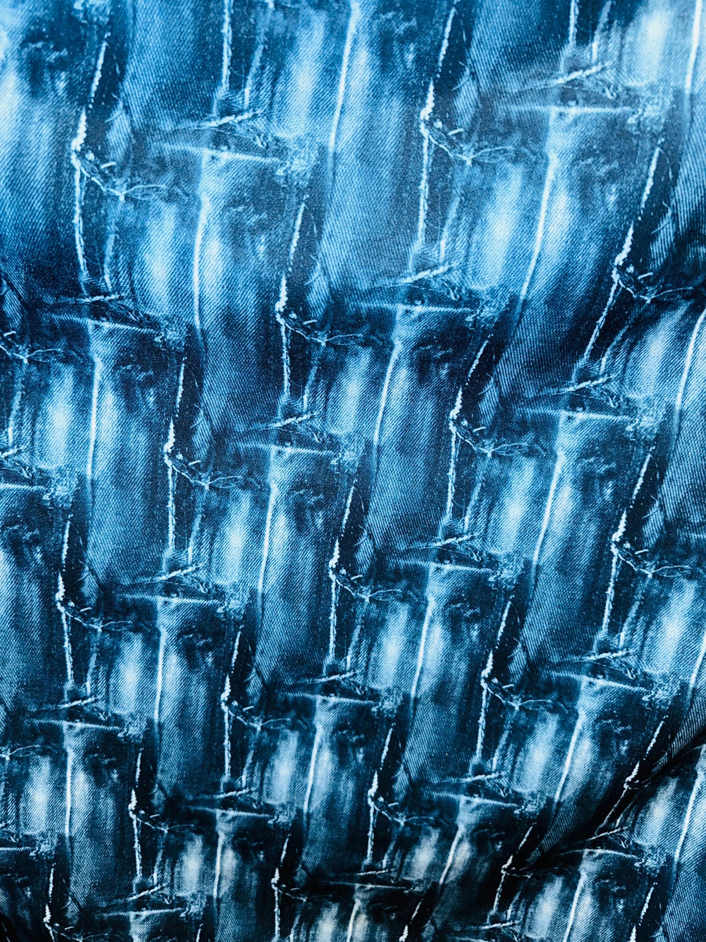 Deluxe Jeans Patch design print on nylon jumbo spandex 4-way stretch 58/60” Sold by the YD.