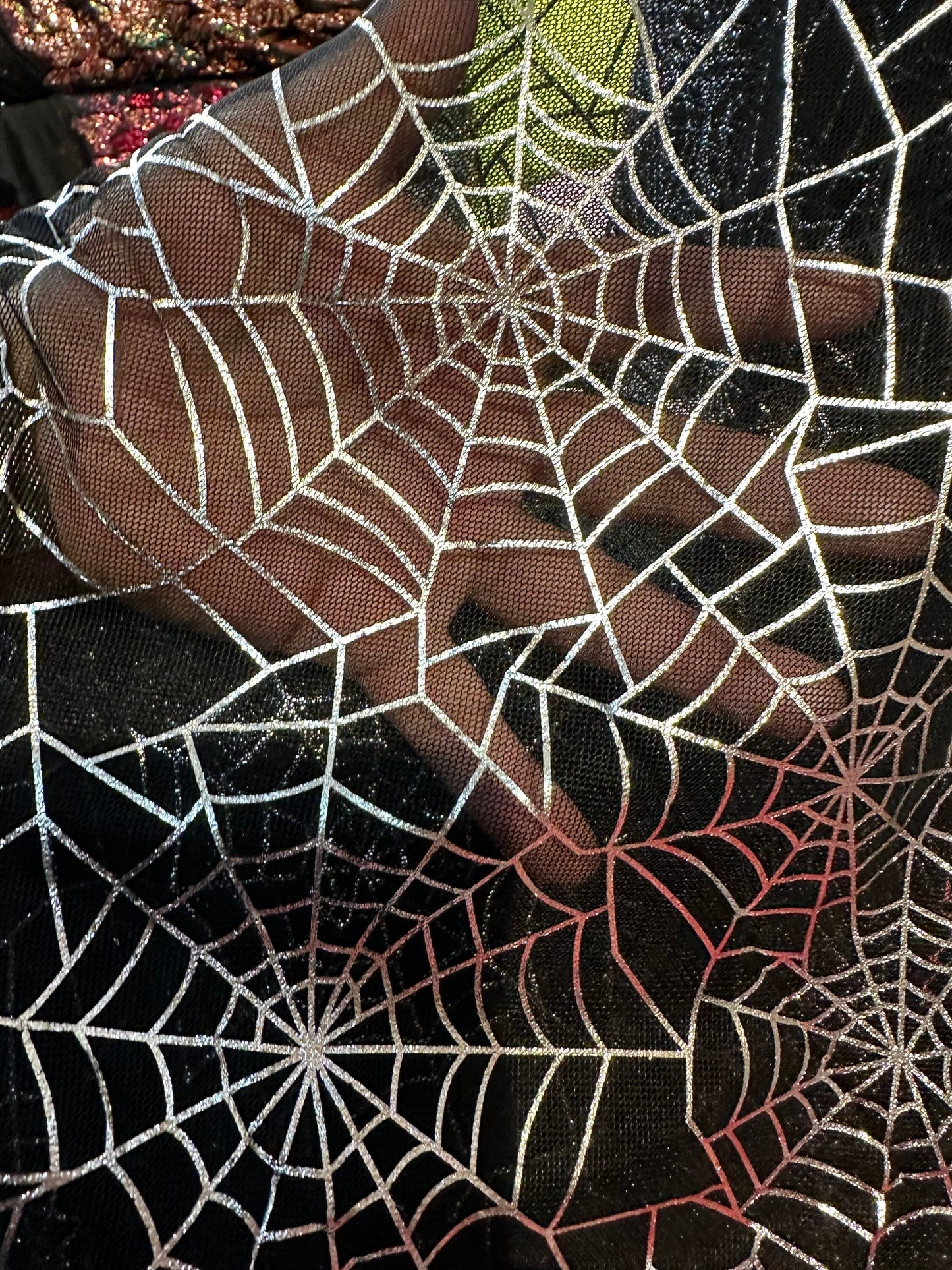 Spiderweb Luxury design print on power mesh 2-way stretch black/silver Sold by the YD. Ships worldwide from Los Angeles California USA