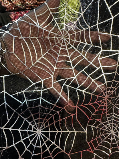 Spiderweb Luxury design print on power mesh 2-way stretch black/silver Sold by the YD. Ships worldwide from Los Angeles California USA