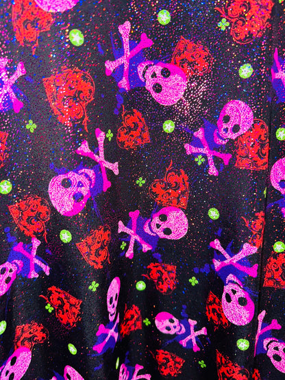 Luxury Skulls with Hearts design print on best quality of nylon spandex with foggy foil 4-way stretch 58/60” High quality spandex fabric