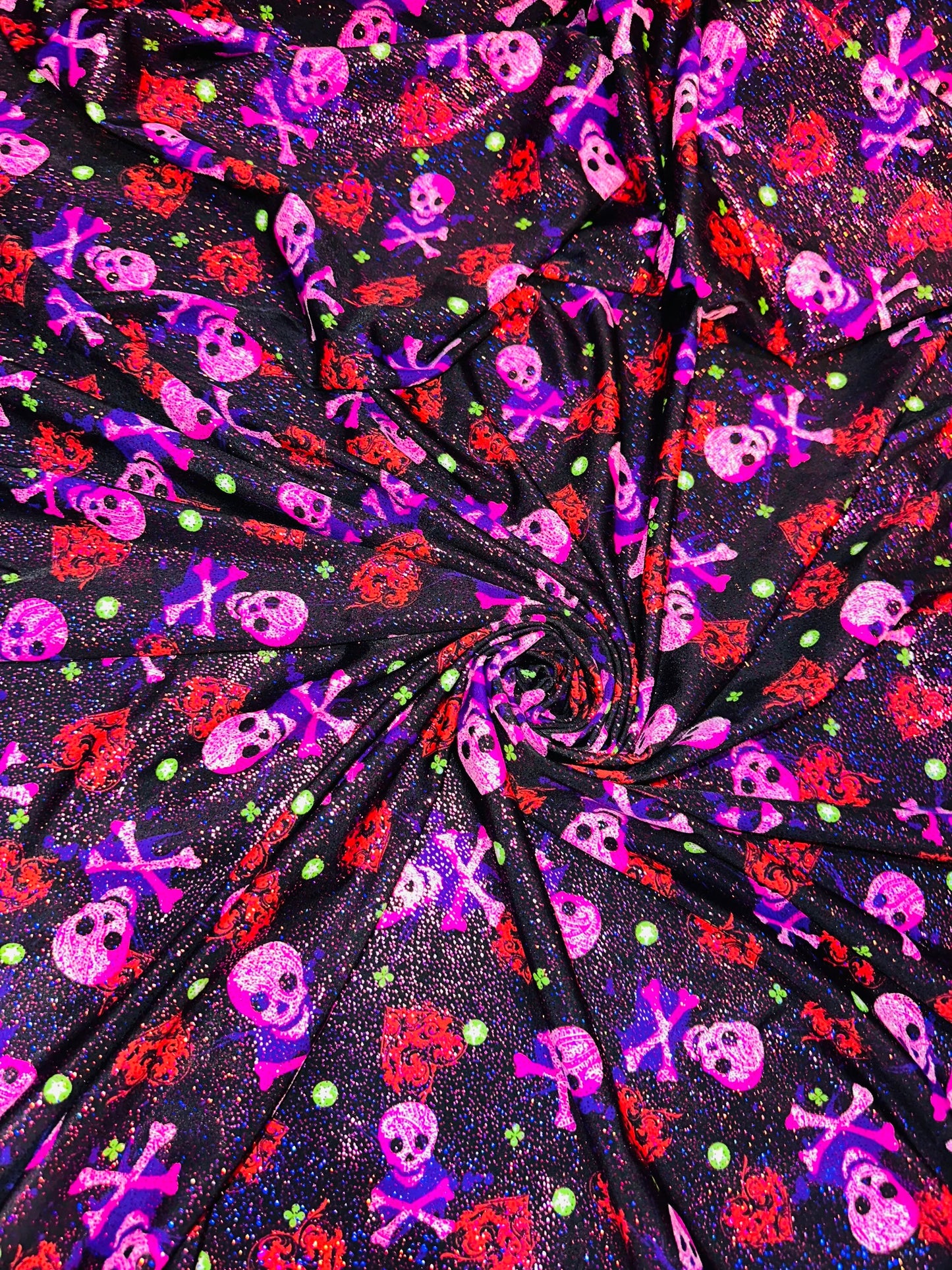 Luxury Skulls with Hearts design print on best quality of nylon spandex with foggy foil 4-way stretch 58/60” High quality spandex fabric