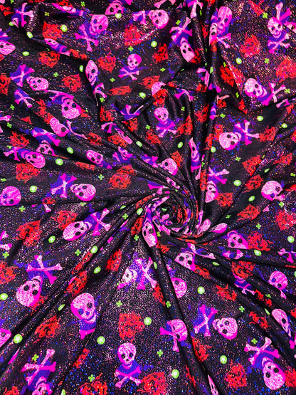 Luxury Skulls with Hearts design print on best quality of nylon spandex with foggy foil 4-way stretch 58/60” High quality spandex fabric