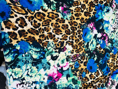 New Leopard design with flowers multicolor print on great quality of poly spandex 2-way stretch 58/60” Sold by the YD.