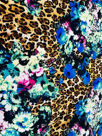 New Leopard design with flowers multicolor print on great quality of poly spandex 2-way stretch 58/60” Sold by the YD.