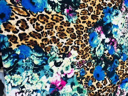 New Leopard design with flowers multicolor print on great quality of poly spandex 2-way stretch 58/60” Sold by the YD.